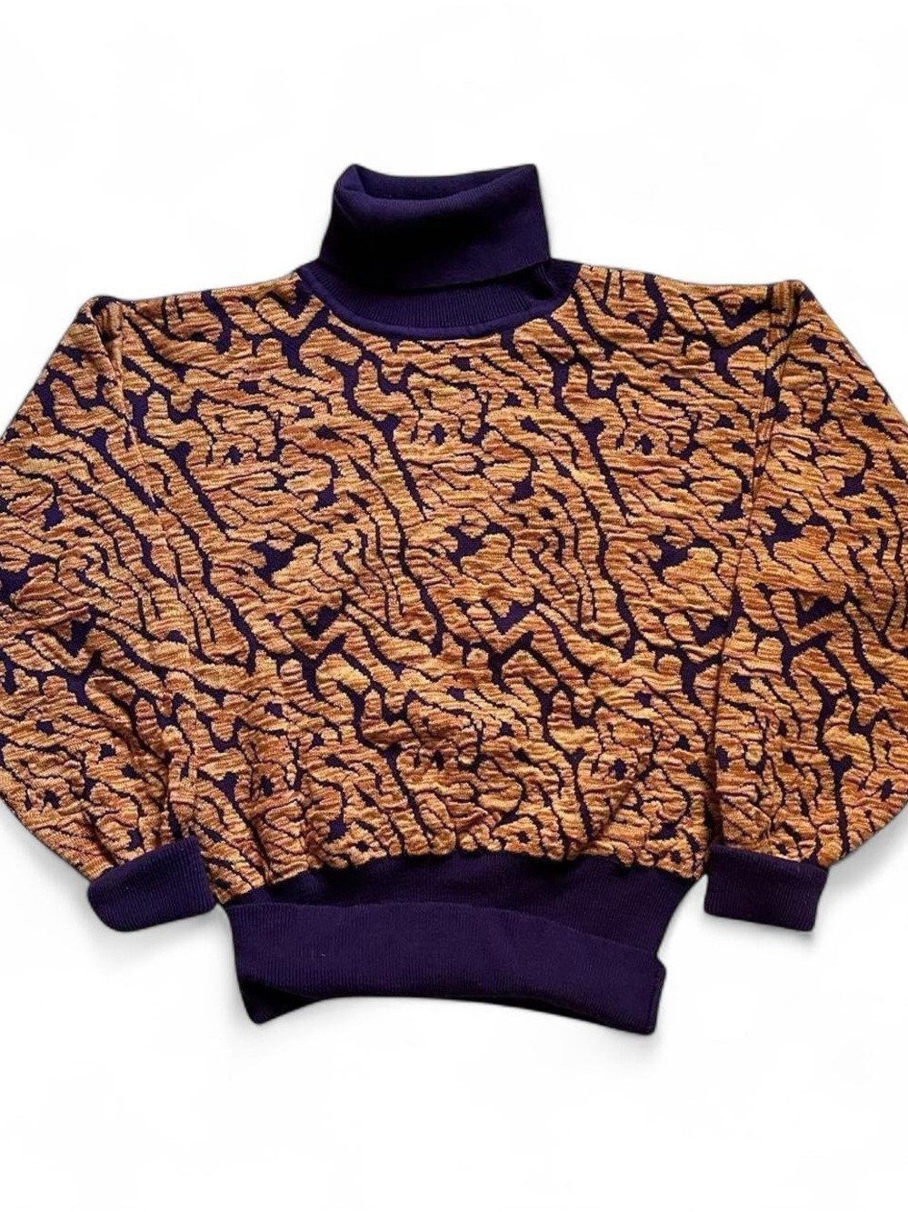 Vintage 1980s Patterned Turtleneck Sweater in Purple and Tan small